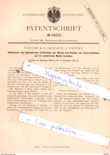 original Patent - Dauchè & P. Deniaud in Nantes , 1882 , Mechanische Metallbearbeitung !!!