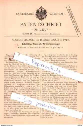 original Patent -  Auguste Lecomte und Isidore Loeser in Paris , 1898 ,  Druckregler für Preßgaserzeuger !!!