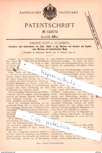original Patent - Johann Popp in Nürnberg , 1900 , Verfahren zum Ueberziehen von Zink-, Stahl- u. dgl. !!!