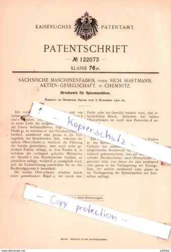original Patent - Sächsische Maschinenfabrik in Chemnitz , 1900 , Streckwerk für Spinnmaschinen !!!