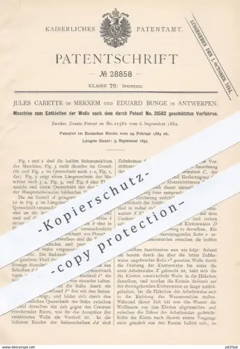 original Patent - Jules Carette , Merxem | Eduard Bunge , Antwerpen , 1884 , Maschine zum Entkletten von Wolle | Spinnen