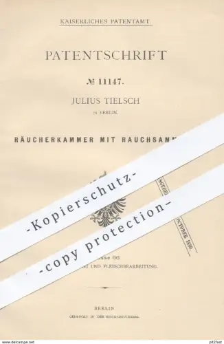 original Patent - Julius Tielsch , Berlin 1880 , Räucherkammer mit Rauchsammler | Räucherofen , Fleisch & Fisch Räuchern