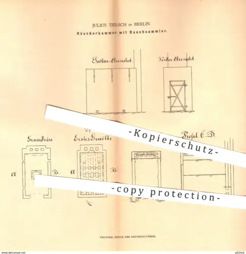 original Patent - Julius Tielsch , Berlin 1880 , Räucherkammer mit Rauchsammler | Räucherofen , Fleisch & Fisch Räuchern