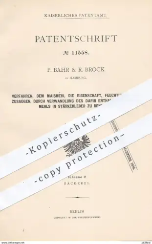 original Patent - P. Bahr & R. Brock , Hamburg ,1880 , Verbacken von Maismehl | Backen , Bäcker , Bäckerei , Brot , Teig