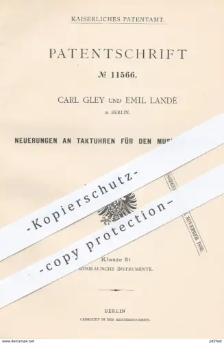 original Patent - Carl Gley , Emil Landé , Berlin , 1880 , Taktuhr für Musikintrumente | Takt , Uhr , Musik , Schiefer