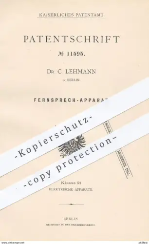 original Patent - Dr. C. Lehmann , Berlin , 1880 , Fernsprecher | Elektrik , Strom , Telefon , Telefonie , Elektrizität