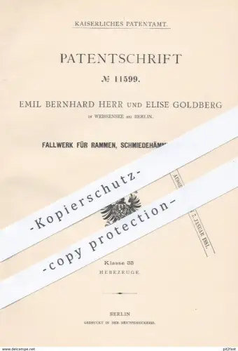 original Patent - Emil Bernhard Herr | Elise Goldberg , Weissensee / Berlin 1880 , Fallwerk für Rammen , Schmiedehammer
