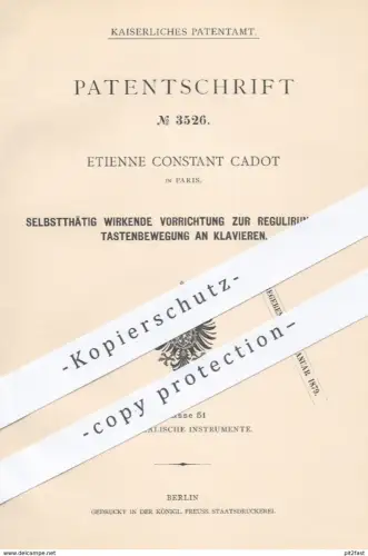 original Patent - Etienne Constant Cadot , Paris Frankreich  1878 , Tastenbewegung am Klavier | Klaviere , Piano , Musik