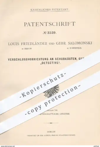original Patent - L. Friedländer , Berlin | Gebr. Salomonski , Elberfeld , 1878 , Verschluss an Schubkasten | Detective