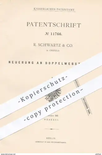 original Patent - R. Schwartz & Co. , Krefeld , 1880 , Doppelwebstuhl | Webstuhl , Webstühle , Weben , Weber , Weberei
