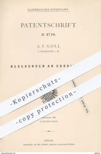 original Patent - A. F. Goll in Frankfurt am Main , 1878 , Ohrring , Ohrringe | Schmuck , Goldschmied , Gold !!!