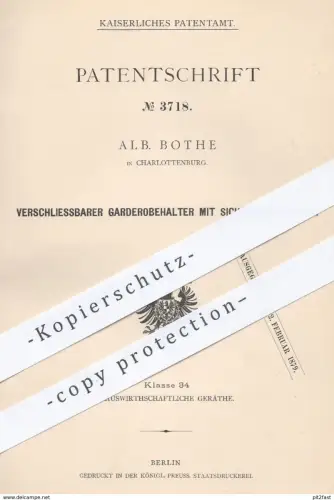 original Patent - Alb. Bothe , Berlin Charlottenburg , 1878 , Garderobehalter mit Schloss | Garderobe , Kleiderhaken !!!