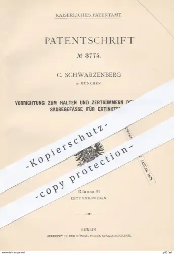 original Patent - C. Schwarzenberg , München , 1878 , Säuregefäße für Extinkteure | Arznei , Glas , Gefäße , Medikamente