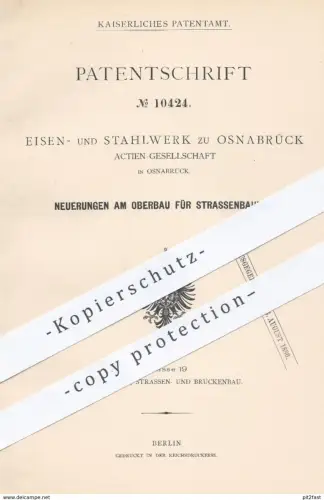 original Patent - Eisen- und Stahlwerk AG zu Osnabrück , 1879 , Oberbau für Straßenbahn , Straßenbahnen | Eisenbahn !!!