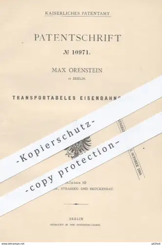 original Patent - Max Orenstein in Berlin , 1880 , Transportabeles Eisenbahngleis | Gleis , Gleise , Eisenbahnen !!!