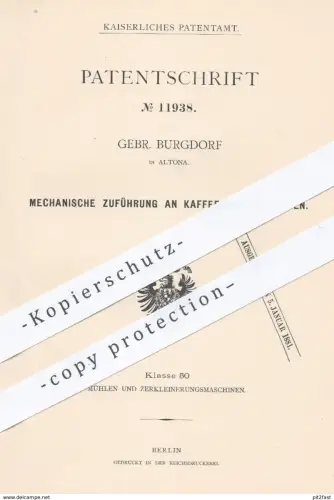 original Patent - Gebr. Burgdorf , Hamburg Altona , 1880 , Kaffee - Verlesetisch mit Zuführung | Kaffeerösterei , Mühle