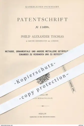 original Patent - Philip Alexander Thomas , South Kensington / London , 1880 , Befestigung von Metall - Getäfelplatten