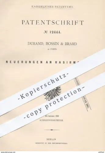 original Patent - Durand , Bossin & Brard in Paris , 1880 , Rasiermesser | Messer , Rasieren , Rasur , Schneidzeuge !!!