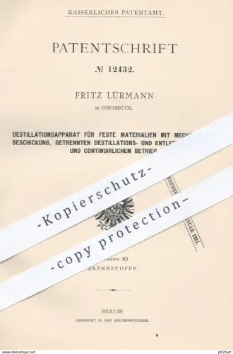 original Patent - Fritz Lürmann , Osnabrück , 1880 , Apparat zur Destillation | Beschickung , Brennstoffe , Kohle , Holz