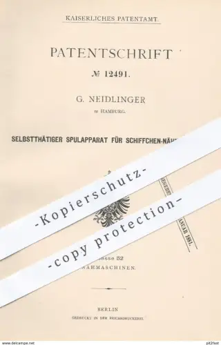 original Patent - G. Neidlinger , Hamburg ,1880 , Spulapparat für Schiffchen - Nähmaschinen | Nähmaschine , Nähen !!!