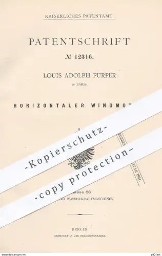 original Patent - Louis Adolph Purper in Paris , 1880 , Horizontaler Windmotor | Wind , Motor , Motoren , Windkraft !!!