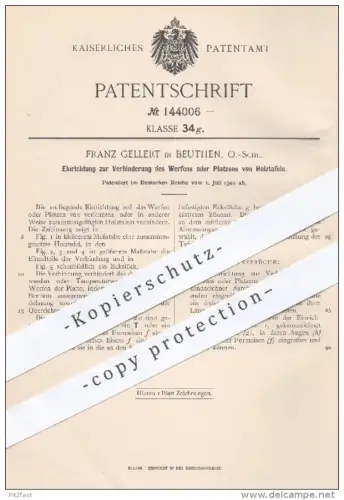 original Patent - Franz Gellert , Beuthen , 1902 , Verhinderung von Werfen o. Platzen von Holztafeln | Holz , Bretter !!