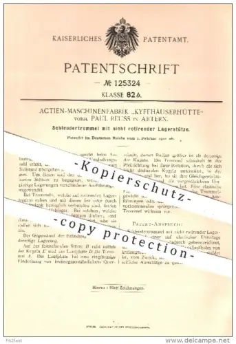 original Patent - Aktien- Maschinenfabrik Kyffhäuserhütte / Paul Reuss , Artern , 1901 , Schleudertrommel | Zentrifuge
