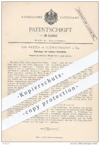 original Patent - J. Breyer , Ludwigshafen , 1890 , Rollenlager mit endloser Rollenkette | Lager , Lagerschalen , Wellen