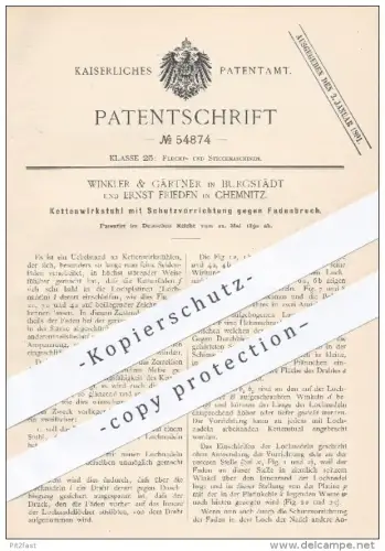original Patent - Winkler & Gärtner in Burgstädt u. E. Frieden in Chemnitz , 1890 , Kettenwirkstuhl | Wirkstuhl !!!