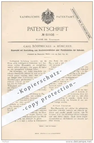 original Patent - Carl Bösenecker , München , 1891 , Haarnadel | Haare , Frisur , Friseur , Nadel , Nadeln , Frisör !!!