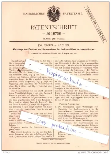 Original Patent  - Jos. Frohn in Aachen , 1881 , Weberei !!!
