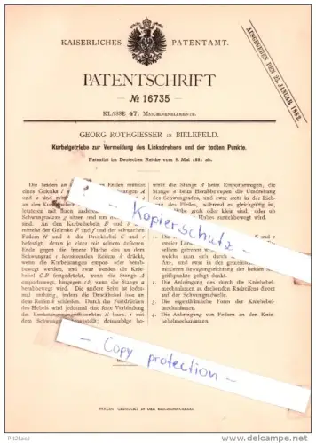 Original Patent  - Georg Rothgiesser in Bielefeld , 1881 , Maschinenelemente !!!
