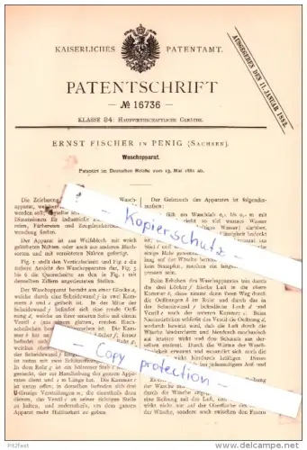 Original Patent  -  Ernst Fischer in Penig , Sachsen , 1881 , Waschapparat !!!