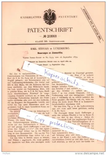 Original Patent  - Emil Servais in Luxemburg , 1882 ,  Neuerungen an Zimmeröfen !!!