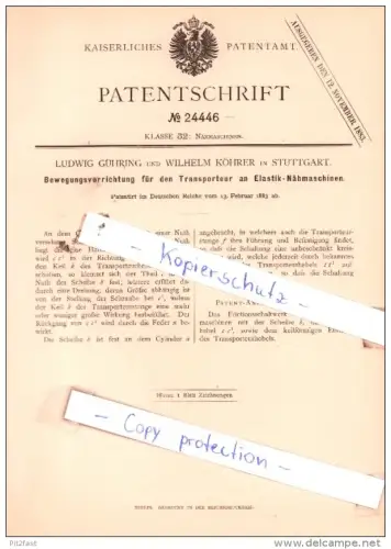 Original Patent  - Ludwig Gühring und Wilhelm Köhrer in Stuttgart , 1883 , Nähmaschinen !!!