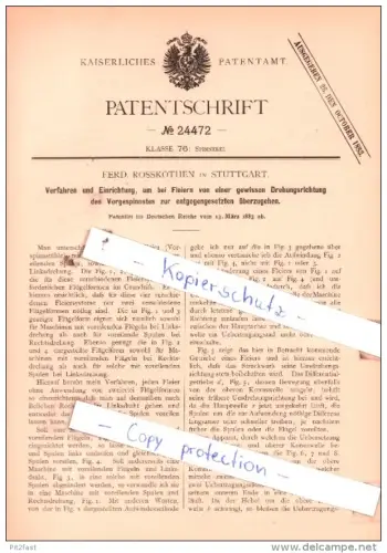 Original Patent  - Ferd. Rosskothen in Stuttgart , 1883 , Spinnerei !!!
