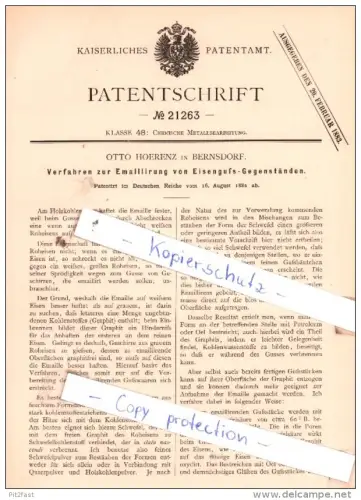 Original Patent  - Otto Hoerenz in Bernsdorf , 1882 , Emaillirung von Eisenguß-Gegenständen !!!
