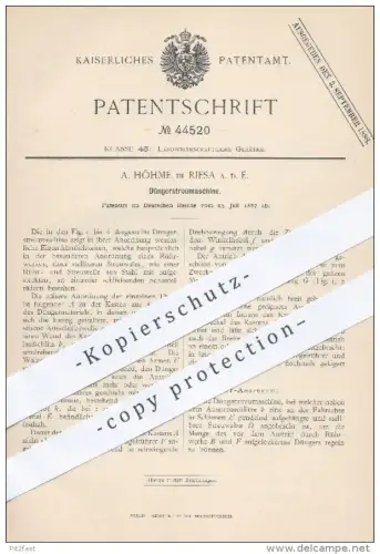 original Patent - A. Höhme in Riesa , 1887 , Düngerstreumaschine | Dünger , Streumaschine , Düngen , Landwirtschaft !!!