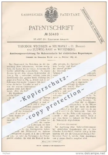 original Patent - Th. Wechsler , Neumarkt / L. Rast , Wittenberg , 1885 , Nebenkontakte bei elektr. Bogenlampen | Lampen