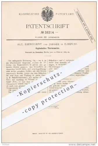 original Patent - Alt , Eberhardt , Kaeger , Ilmenau , 1884 , Hygienisches Thermometer | Temperatur , Badethermometer !