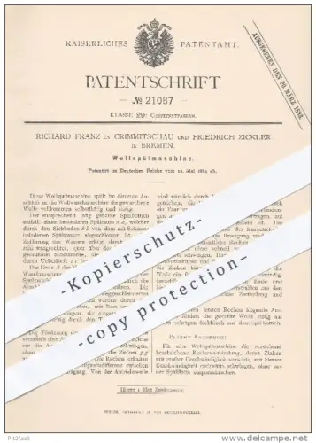 original Patent - Richard Franz , Crimmitschau / Fr. Zickler , Bremen ,1882 , Wollspülmaschine | Waschmaschine , Wolle