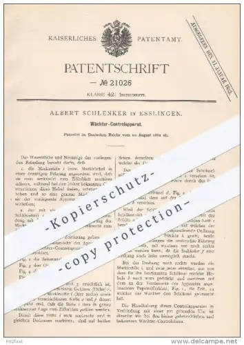 original Patent - Albert Schlenker , Esslingen , 1882 , Wächter - Kontrollapparat | Uhr , Uhren , Uhrwerk , Uhrmacher !!