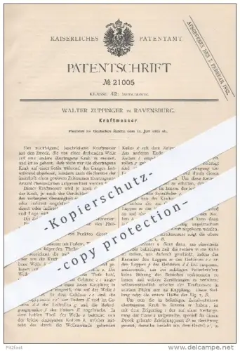 original Patent - Walter Zuppinger , Ravensburg , 1882 , Kraftmesser | Messen von Kraft , Maschinen , Motoren !!!