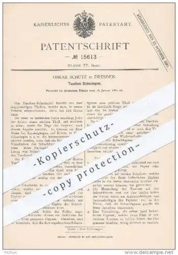 original Patent - Oskar Schütz in Dresden , 1881 , Taschen - Schachspiel | Schach , Brettspiel , Sport , Schachfiguren !
