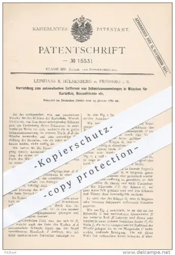 original Patent - Leinhaas & Hülsenberg , Freiberg , 1881 , Waschen von Kartoffeln , Wurzelfrüchte , Rüben , Zucker !!!