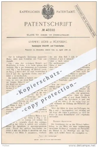 original Patent - Ludwig Hörr in Nürnberg , 1888 , Bleistifthalter , Federhalter | Schreibfeder , Schreiben , Stifte !!
