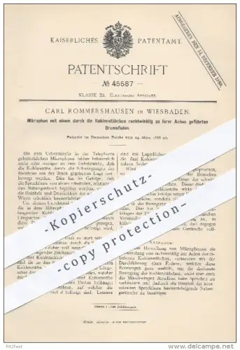 original Patent - Carl Rommershausen , Wiesbaden , 1888 , Mikrofone für Telefonie | Mirophon , Telefon , Elektrik !!!