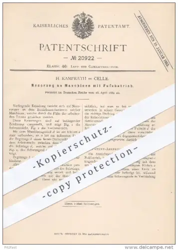 original Patent - H. Kamprath in Celle , 1882 , Maschinen mit Fußbetrieb | Antrieb , Kraftmaschinen , Motor , Motoren !!