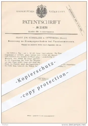 original Patent - Franz Jos. Schmalzer in Offenburg , 1882 , Champagnerhaken am Taschenmesser | Messer , Schneidzeuge !!