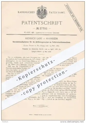 original Patent - Heinr. Lanz , Mannheim , 1886 , Vorschub Zuführungswalzen an Futterschneidemaschinen | Landwirtschaft